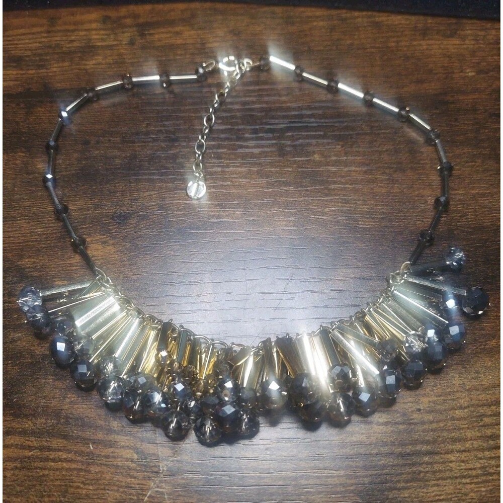 Talbots Gold Tone Gray Crystal Cha Cha Statement Necklace 18"